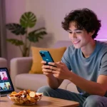 User enjoying Vidmate APK on smartphone in cozy living room, showcasing vibrant decor and tech-savvy lifestyle.