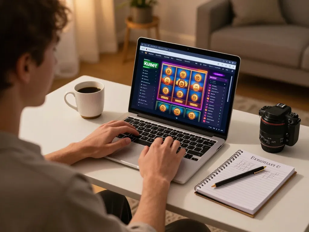 Kubet player engaging with online casino games from a cozy home office setup