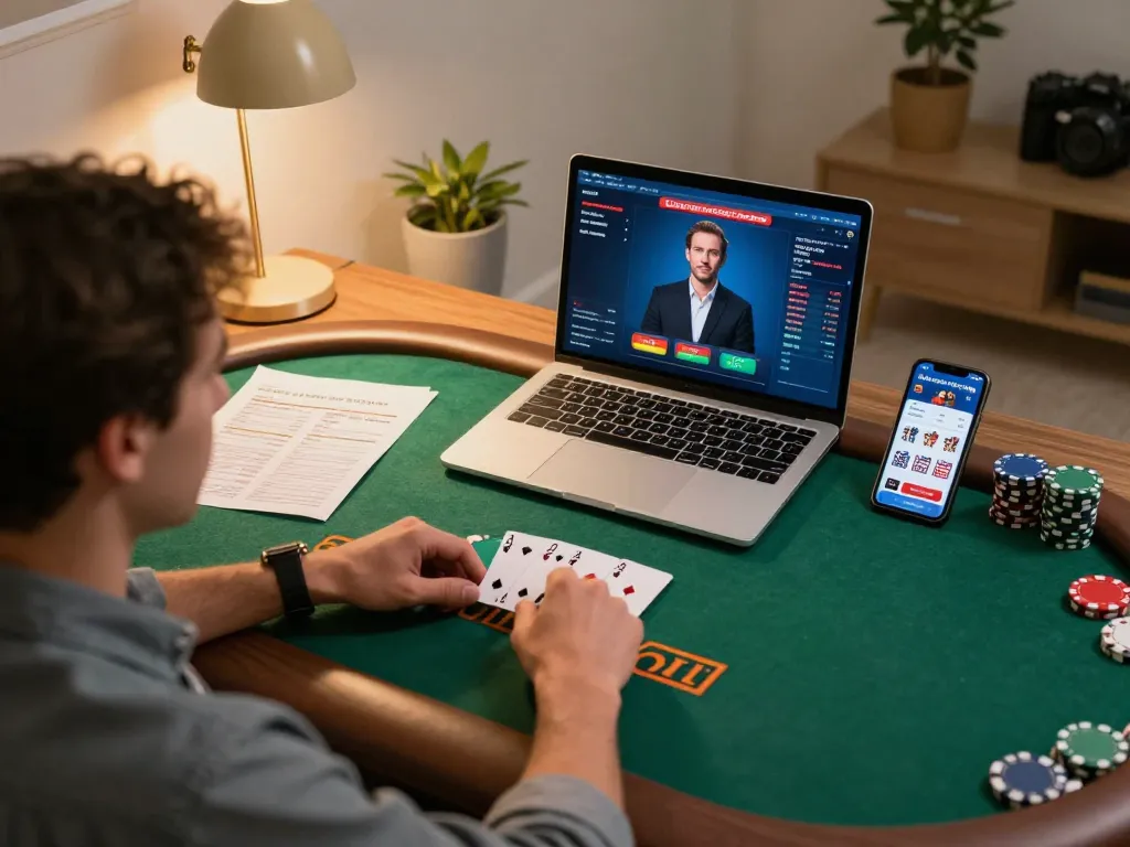 Engaging online poker gameplay at home with hm88 casino app and betting notes.