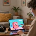 Engaging ai chat porn experience with animated character on tablet in cozy room.