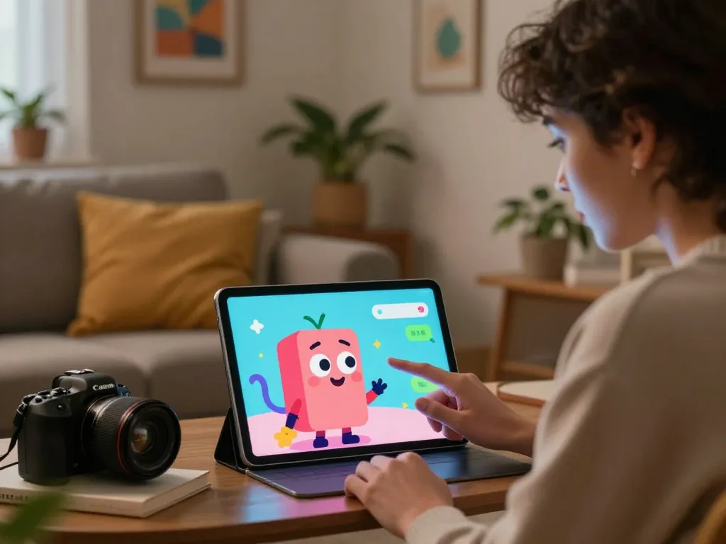 Engaging ai chat porn experience with animated character on tablet in cozy room.