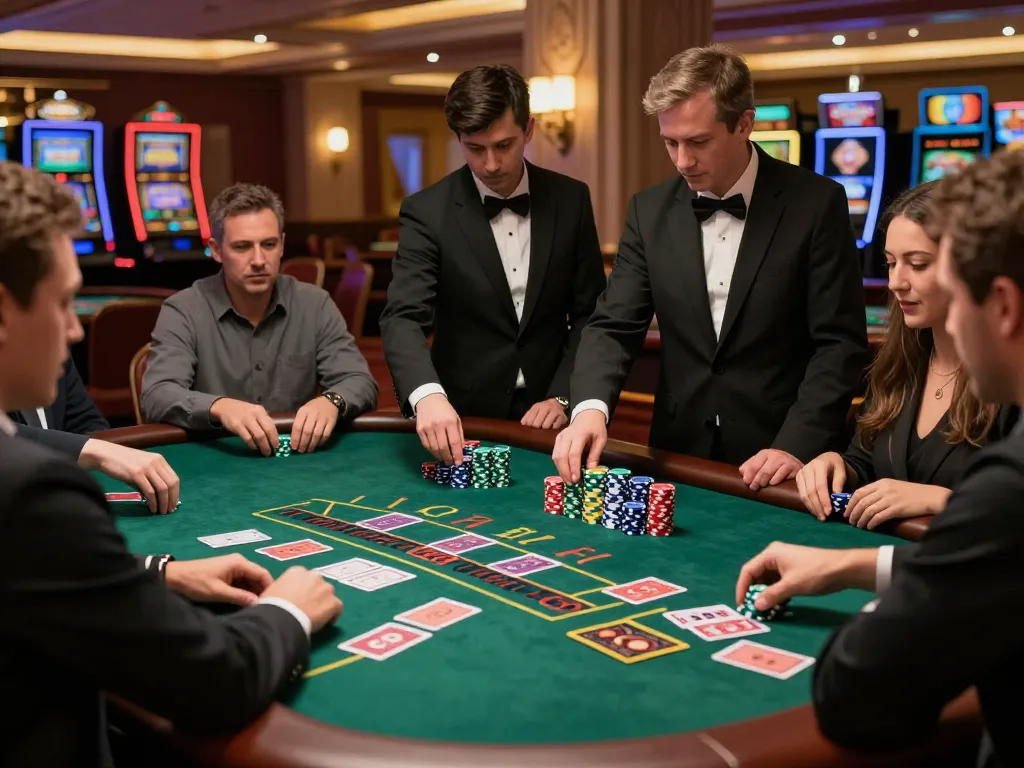 Engaging players at blackjack table in upscale casino environment during ALO8 gaming session.