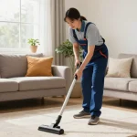 Reinigungsfirma Schweiz professional cleaner vacuuming a cozy living room, showing a welcoming home environment.