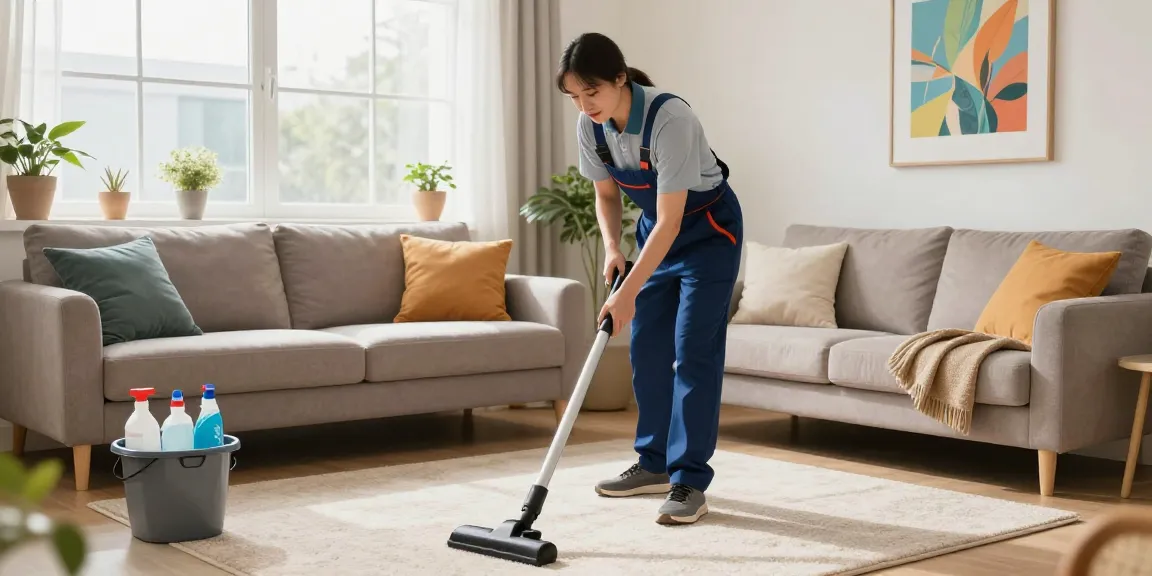 Reinigungsfirma Schweiz professional cleaner vacuuming a cozy living room, showing a welcoming home environment.