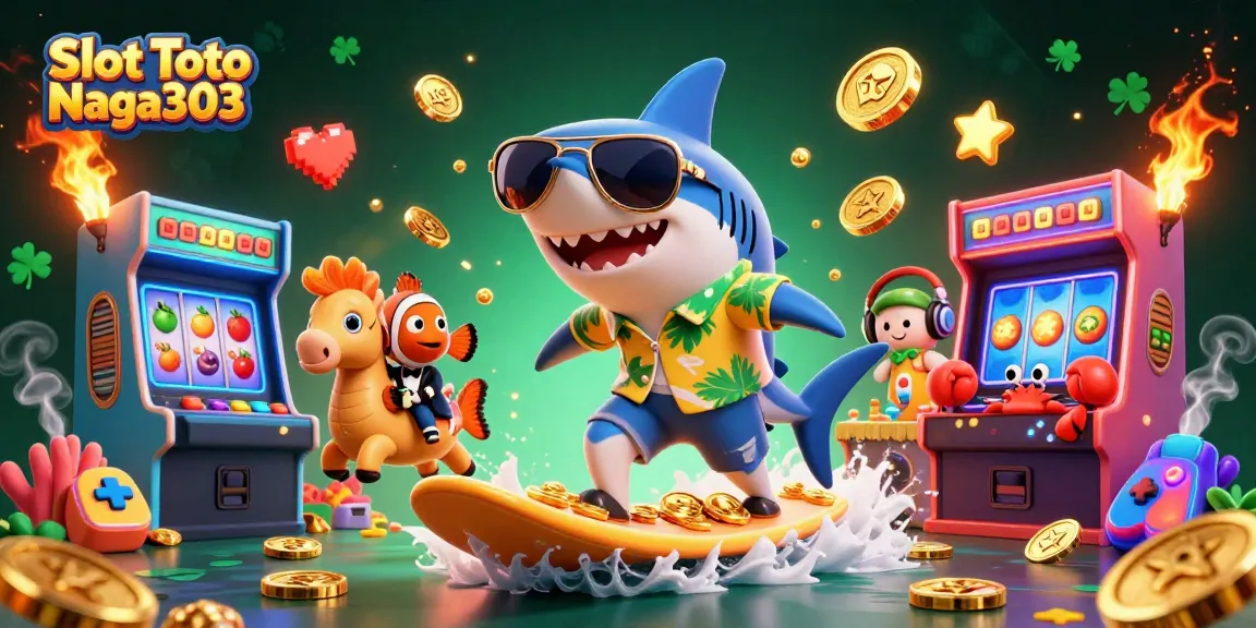 Experience thrilling gameplay with Slot Toto Naga303 amidst vibrant 3D casino characters and golden coins.