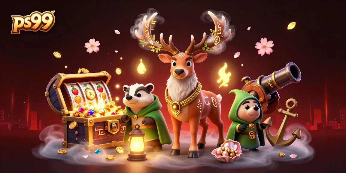 Engage with the action at ps99, featuring a mystical Celtic stag and a wise badger amid vibrant gaming elements.