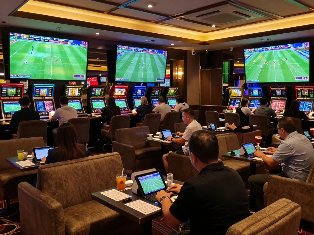 Engaged bettors analyzing kèo bóng đá odds in an upscale sports betting lounge during live matches.