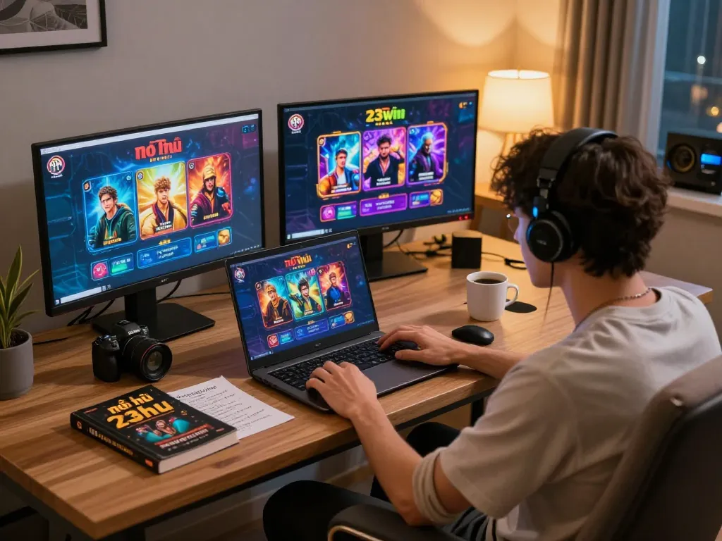Engaging online gambling moment with nổ hũ 23win gameplay displayed on a laptop, showcasing a strategic home gaming setup.