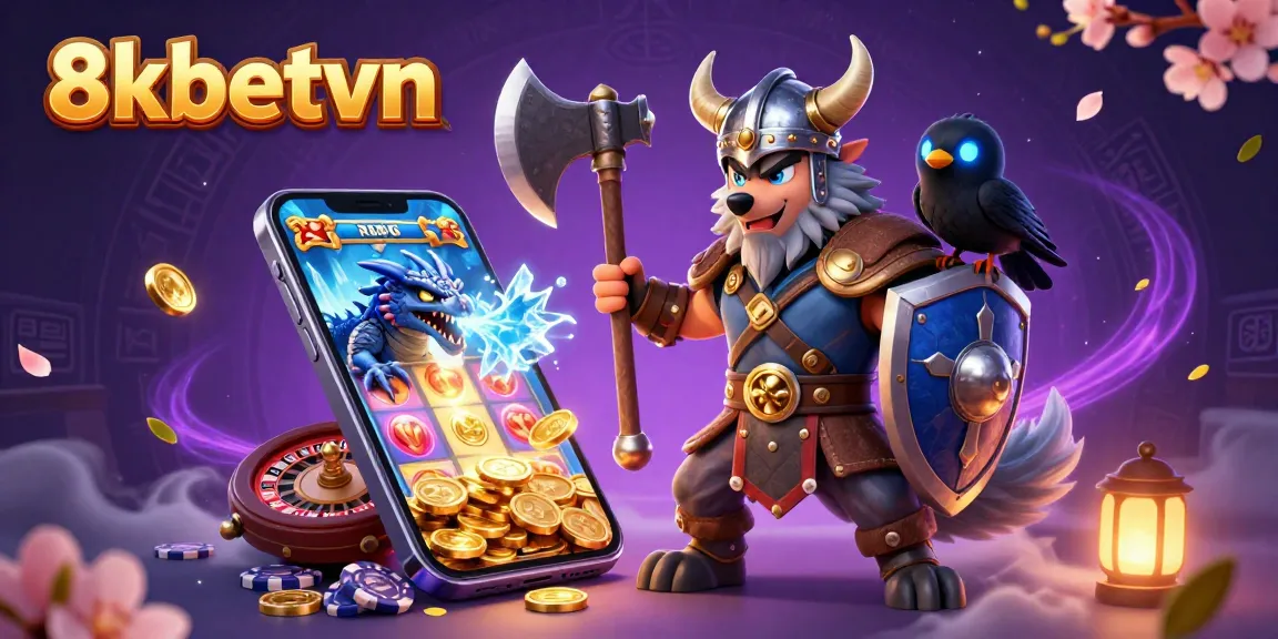 Experience thrilling wins with 8kbetvn in this dynamic casino scene featuring slot games and vibrant characters.
