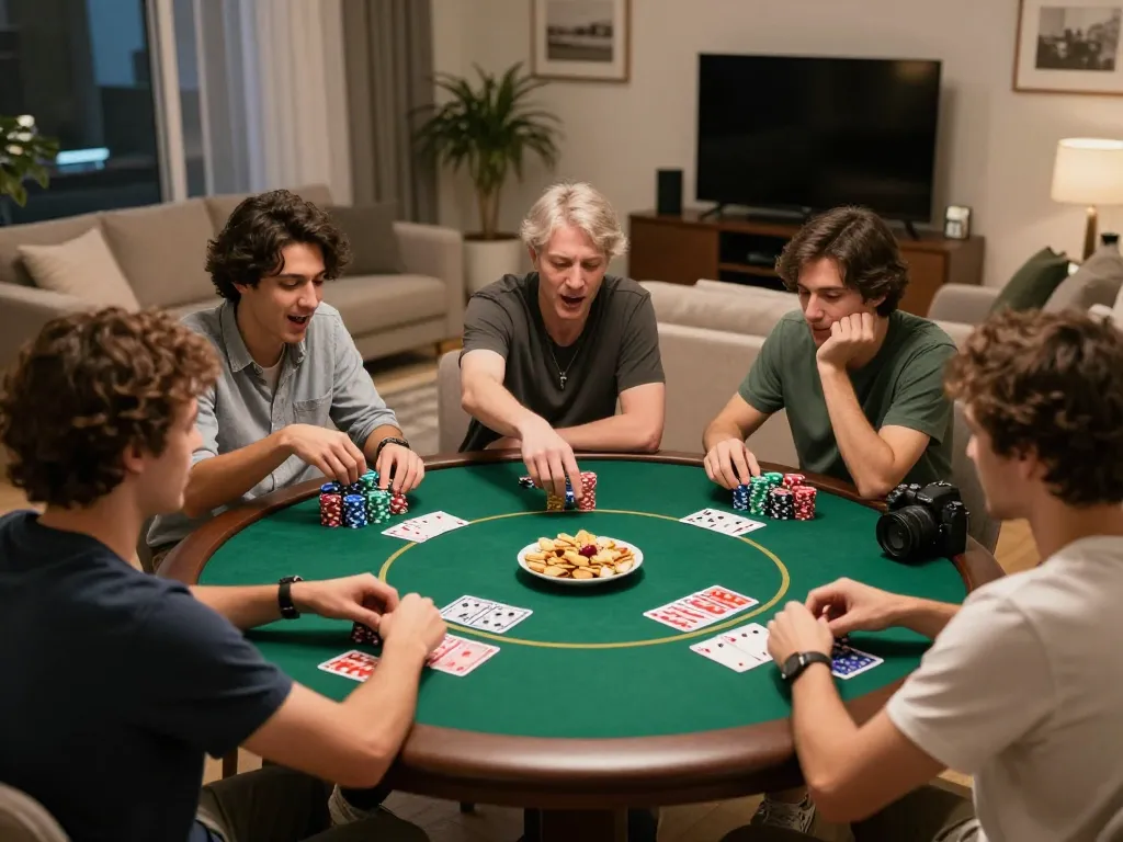 fly88 players engaged in an exciting poker night in a cozy home setting