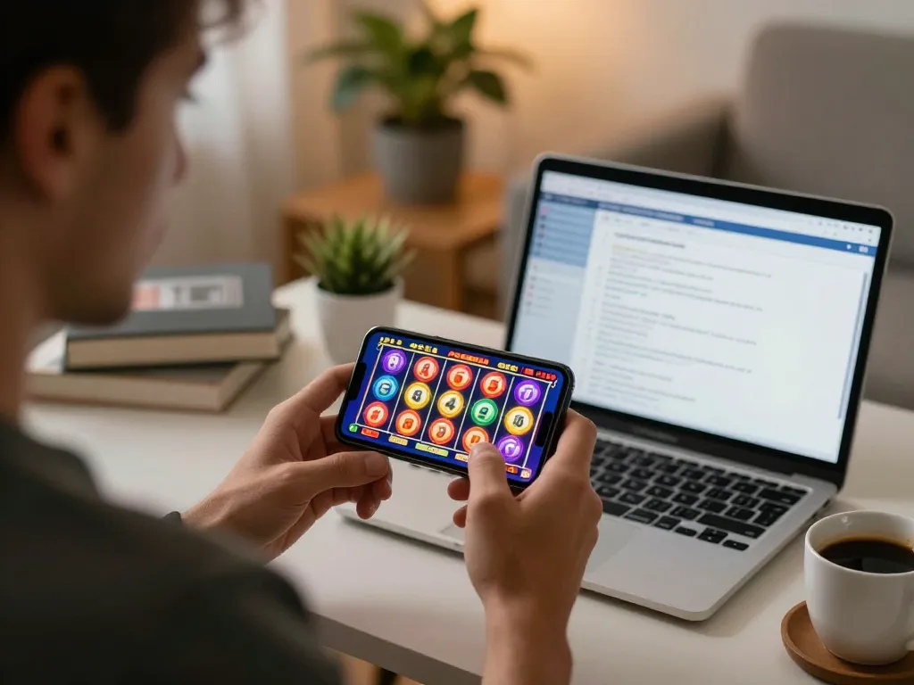 B52club player spinning the reels on a vibrant slot game in a cozy home setting
