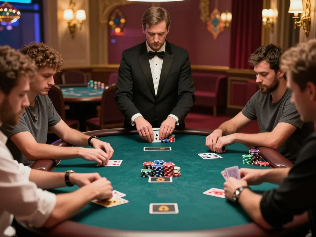 8day players engaged in a poker game with focused expressions and vibrant atmosphere