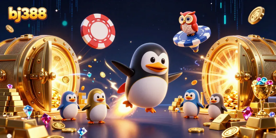 Experience big wins on bj388 with a rocket-powered golden penguin racing towards a casino station.