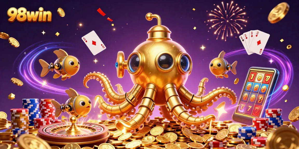 Experience thrilling gameplay with the dynamic 98win casino scene featuring golden kraken and rich symbols.