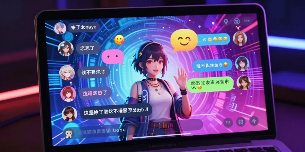 A vibrant virtual chat scene featuring diverse hentai AI chat characters engaging in animated conversations.