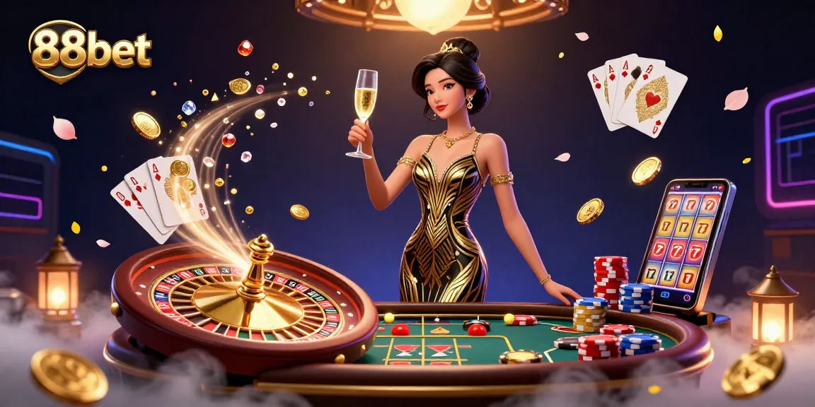 Experience the thrill of online gaming with 88bet, featuring a glamorous scene illuminated by a roulette table.