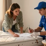 Bed bug exterminator advising a homeowner during inspection for pest control.