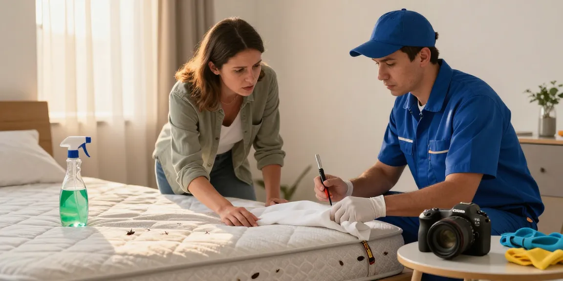 Bed bug exterminator advising a homeowner during inspection for pest control.