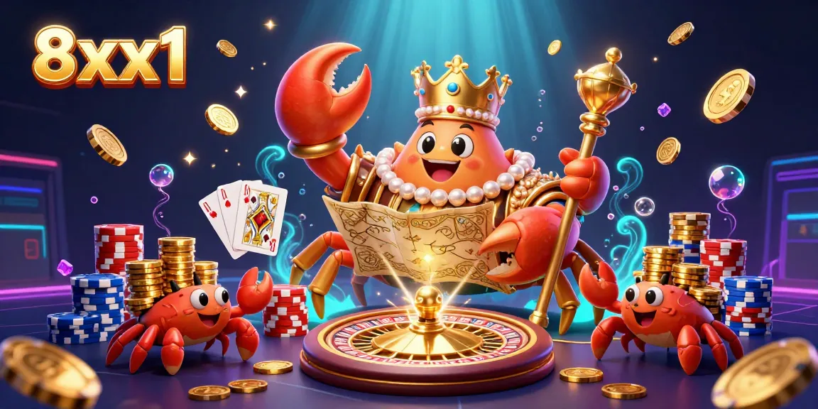 Engage with the vibrant 8xx1 casino scene featuring a golden crab emperor surrounded by dynamic gambling elements.