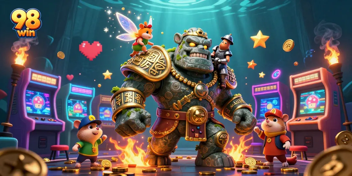Explore the vibrant 98 win gaming experience with colorful elements and engaging characters.