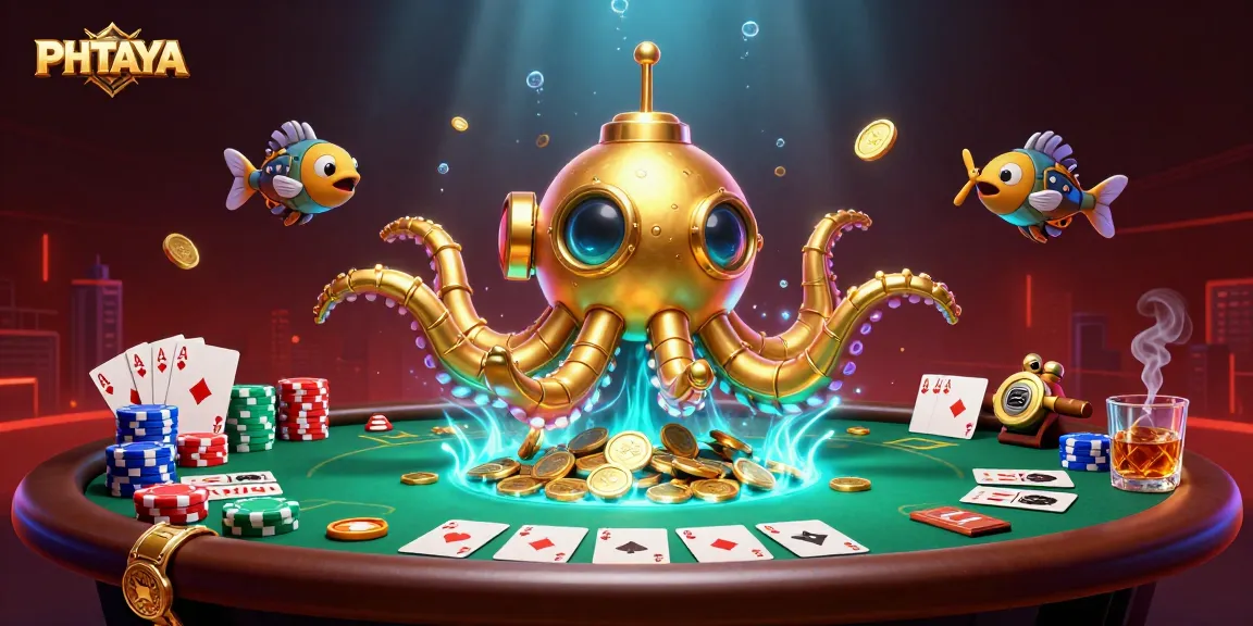PHTAYA gaming scene with a golden kraken submarine, mechanical fish, and vibrant casino elements.