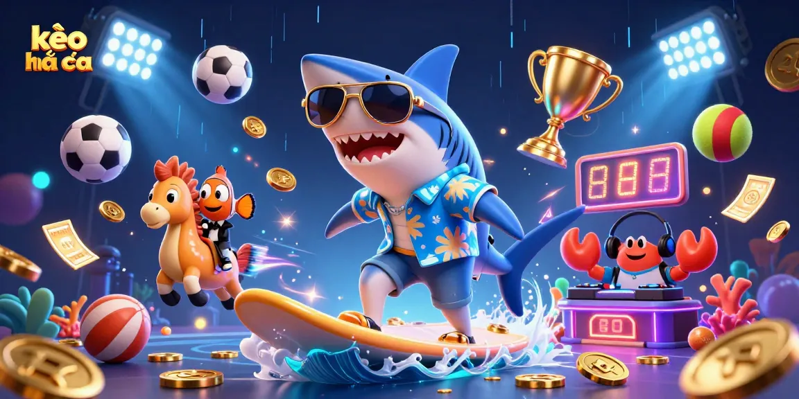 Experience the thrill of kèo nhà cái with a dynamic 3D seaside scene showcasing surf and sports.