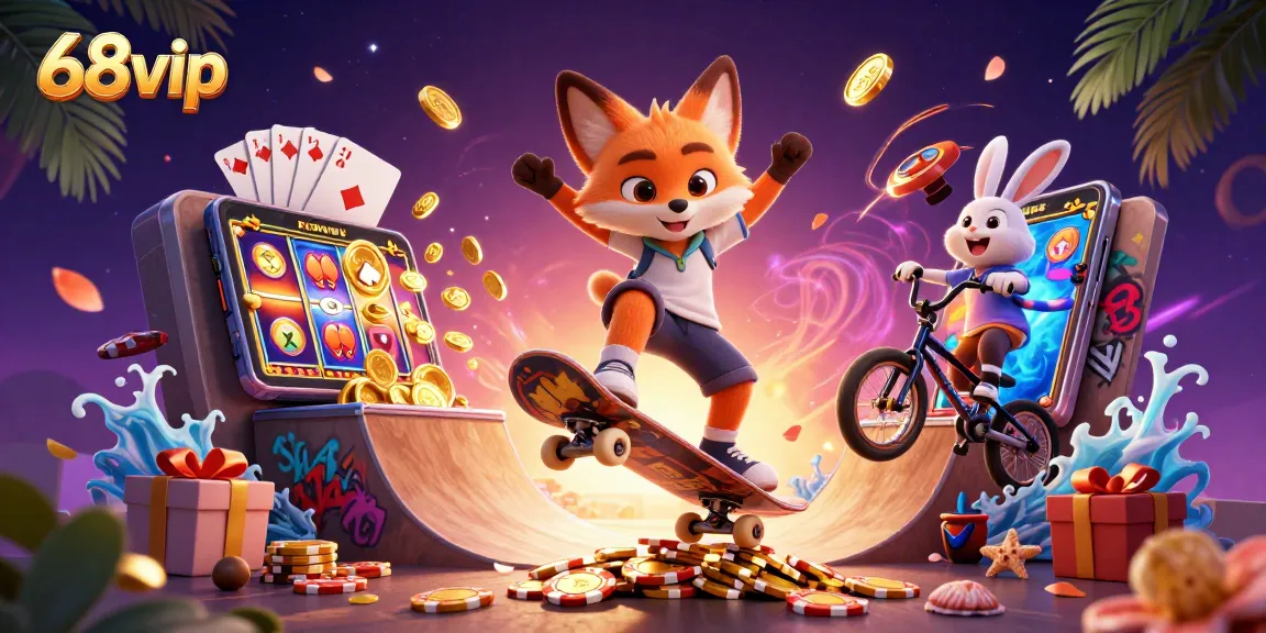 Join the thrill of 68vip with a vibrant scene featuring a skateboarder fox and BMX rabbit in a casino-themed artwork.