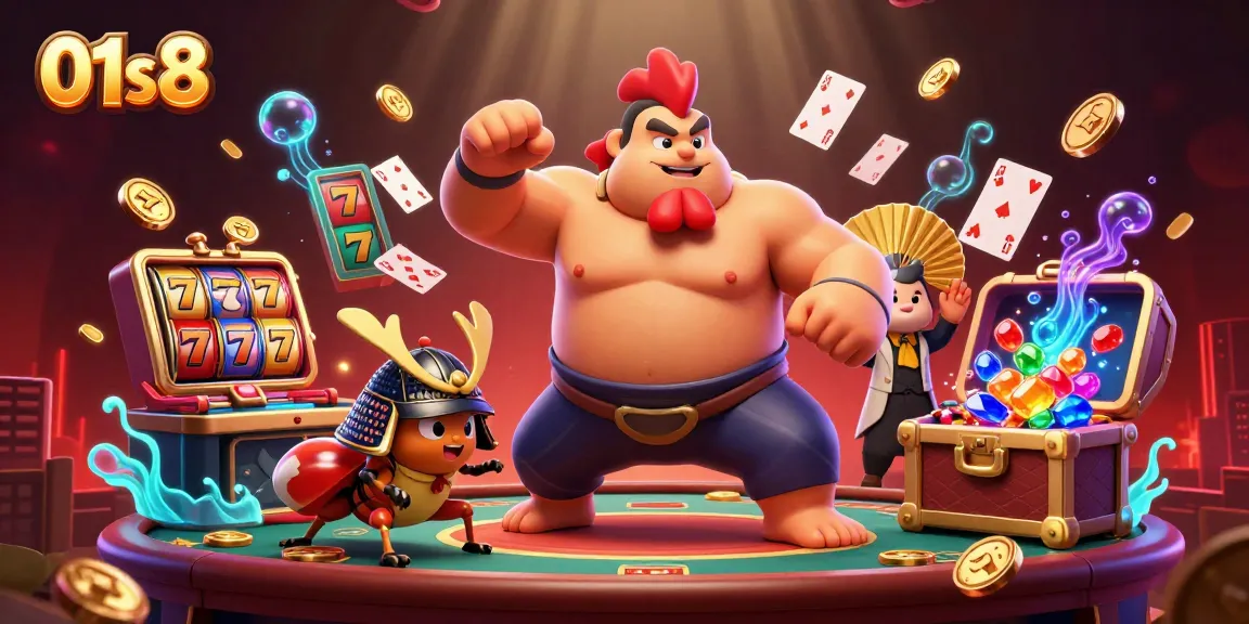 Engage with 01s8 as the fierce sumo rooster enters the casino arena surrounded by floating slots and cards.