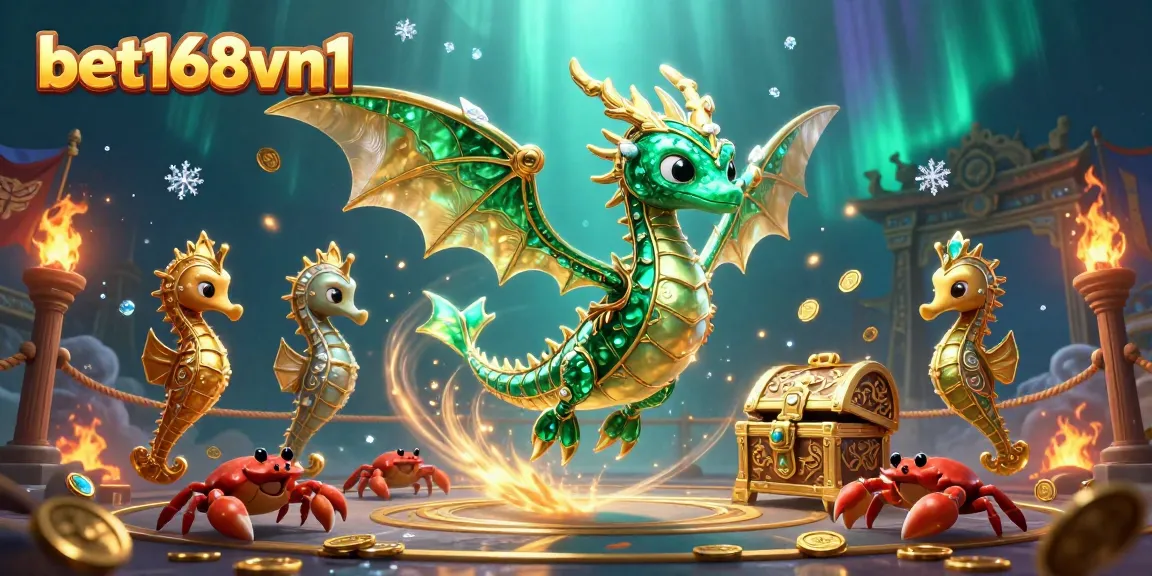 Engage with the thrilling world of bet168vn1, featuring a majestic sea dragon amid dynamic casino elements and treasures.