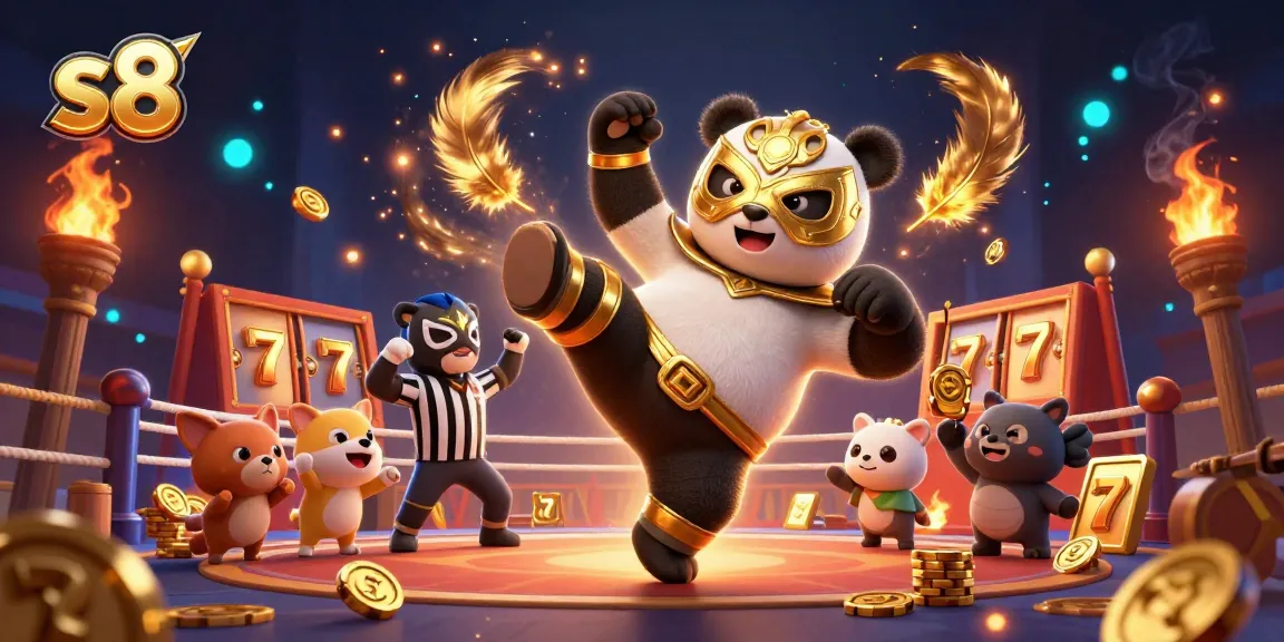 S8 captivates players in a dynamic casino scene with a panda wrestler and a chihuahua referee amid slot reels and betting tokens.