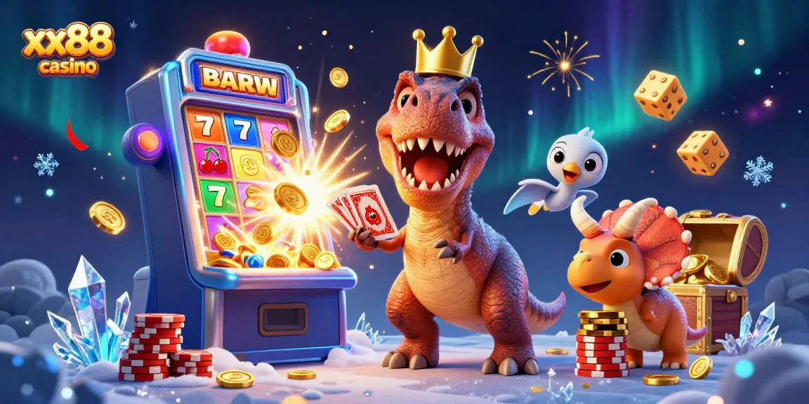 Experience the thrill of xx88 casino with a lively 3D scene featuring a T-Rex shuffling cards and playful characters.