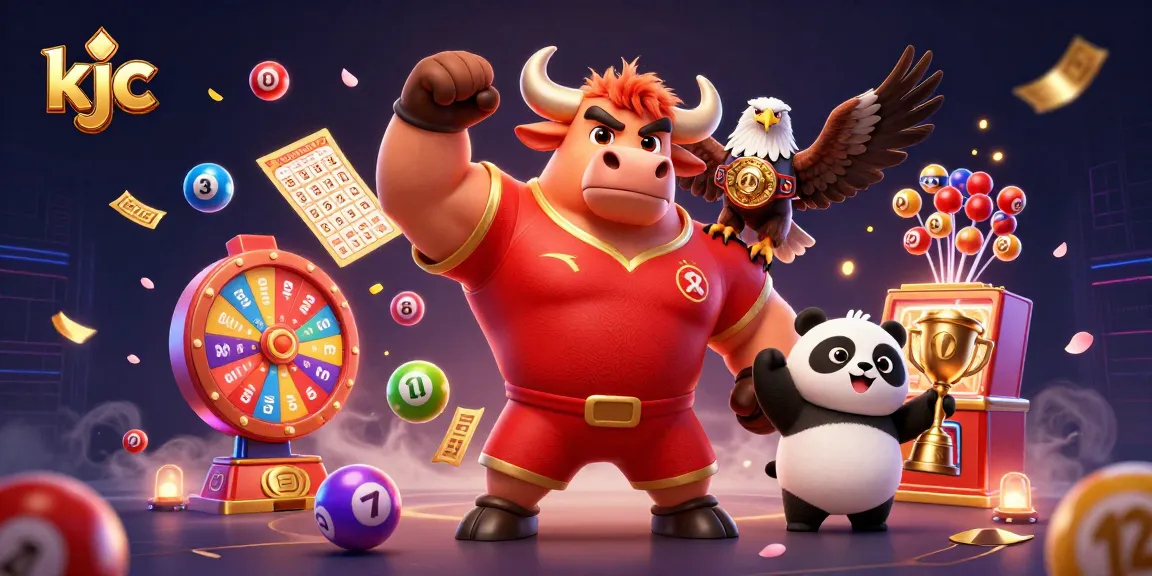 KJC online casino victory scene with dynamic lottery elements and vibrant characters