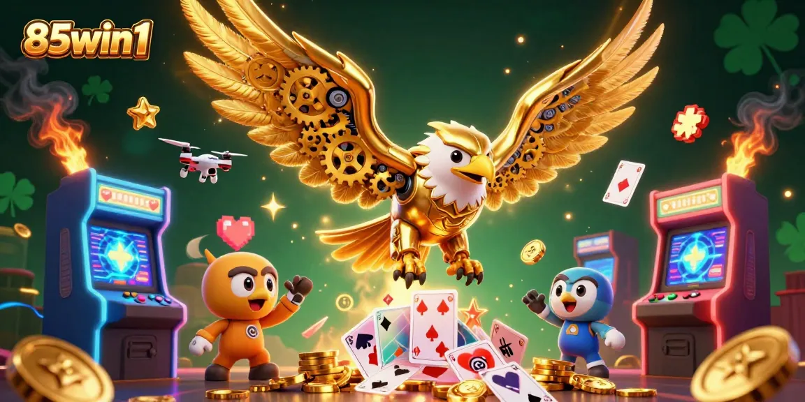 Experience epic wins with 85win1 in a vibrant casino world of holographic cards and gaming excitement.