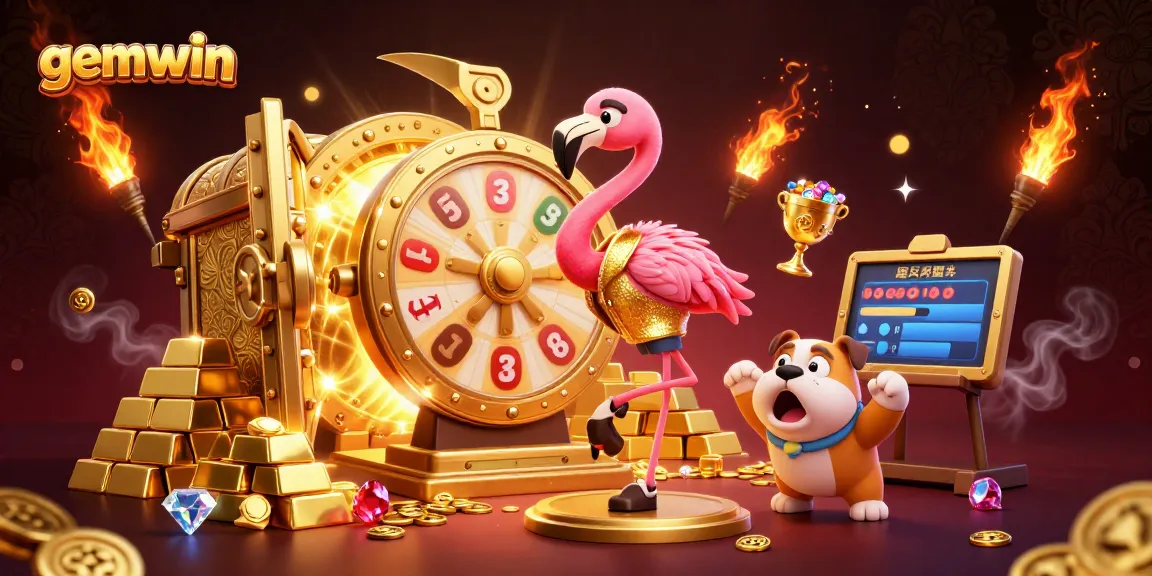 Experience excitement at gemwin with a vibrant casino scene featuring animated characters and dazzling treasures.