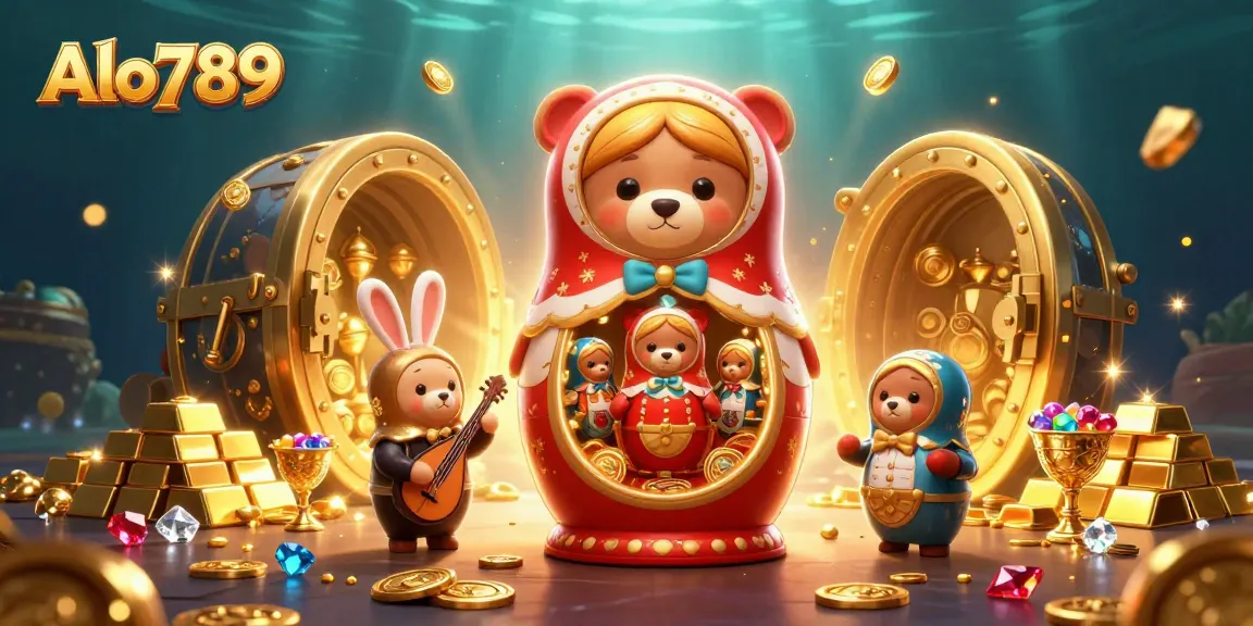Alo789 showcases vibrant 3D cartoon bears and treasures in a dazzling casino illustration.