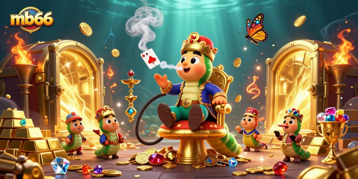 Experience mb66's vibrant gaming world with a caterpillar hookah-master in a rich, dynamic casino setting.
