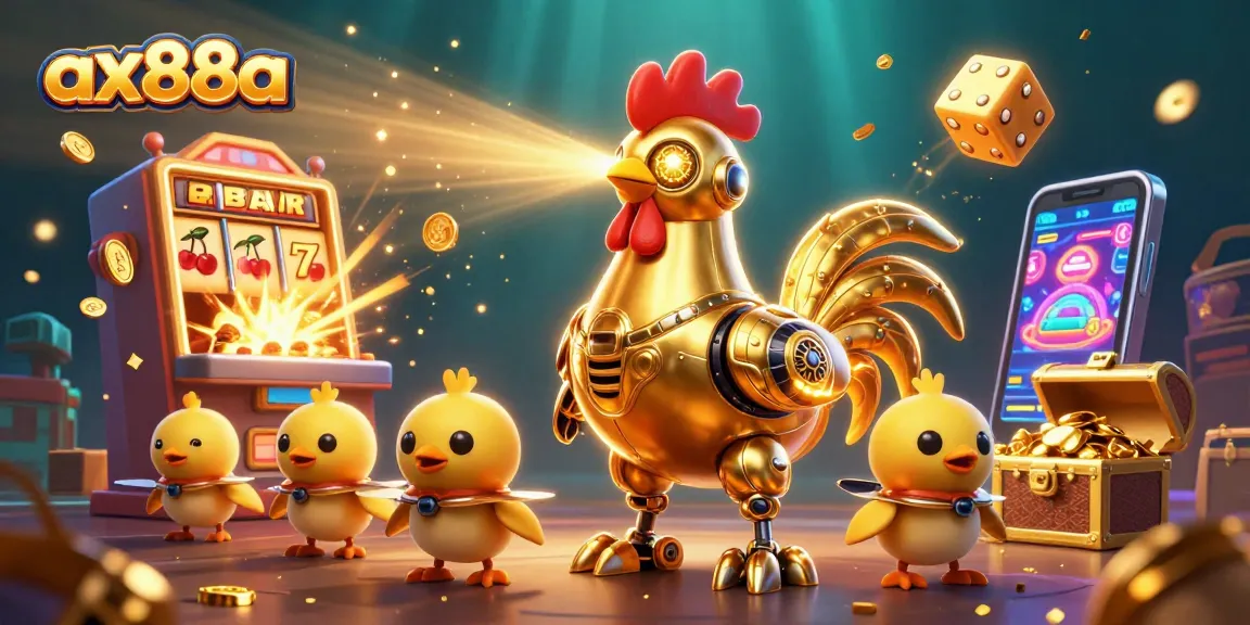 Experience thrilling wins at ax88a with a vibrant 3D illustration of a golden rooster robot and dynamic casino elements.