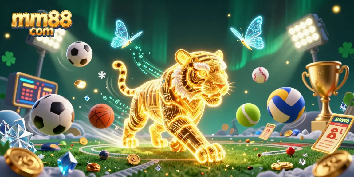 Engage with excitement at mm88 com, featuring a golden tiger in a vibrant casino, surrounded by dynamic sports elements.