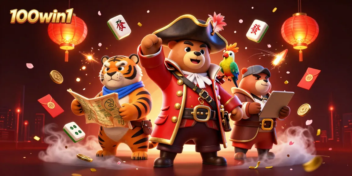 Immerse yourself in the excitement of 100win1 with vibrant gambling visuals featuring a pirate bear and a tiger.
