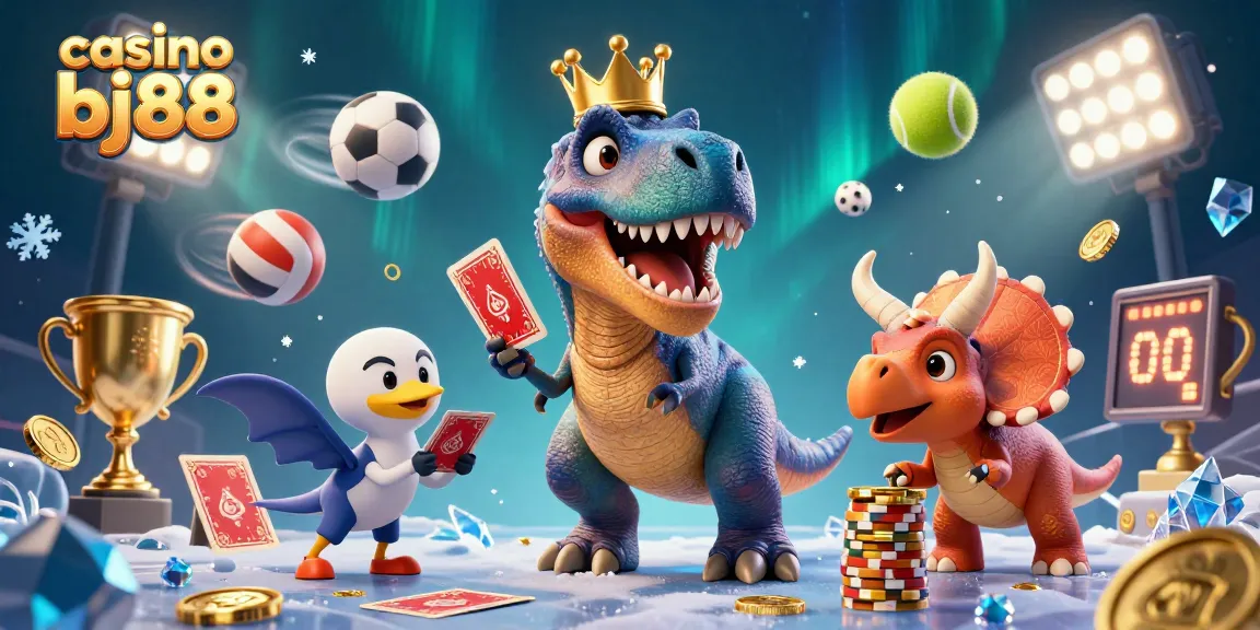 Experience the excitement of casino bj88 with a friendly T-Rex shuffling cards and a pterodactyl assisting, surrounded by dynamic game elements.