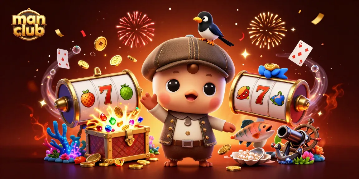 Experience the excitement of the man club with vibrant jackpots and playful characters in a lively casino scene.