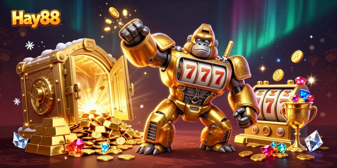 Experience thrilling gameplay at Hay88 with a golden gorilla mech and slot machine elements