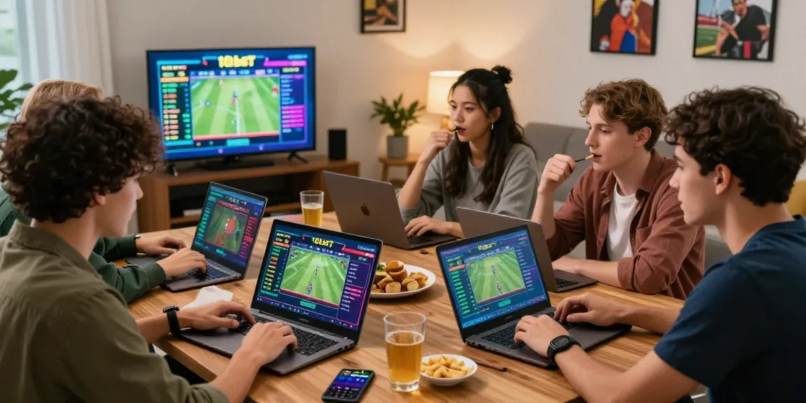 Friends enjoying an online betting experience on 181bet in a modern living room, surrounded by laptops and sports game statistics.