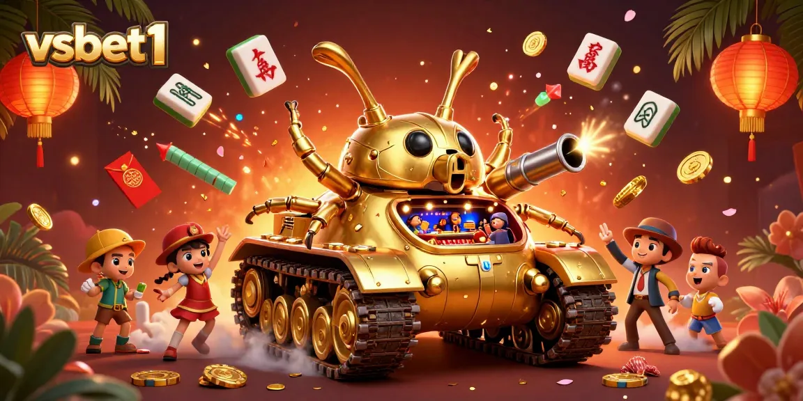 Play thrilling games at vsbet1 inside a golden beetle tank with festive casino elements.
