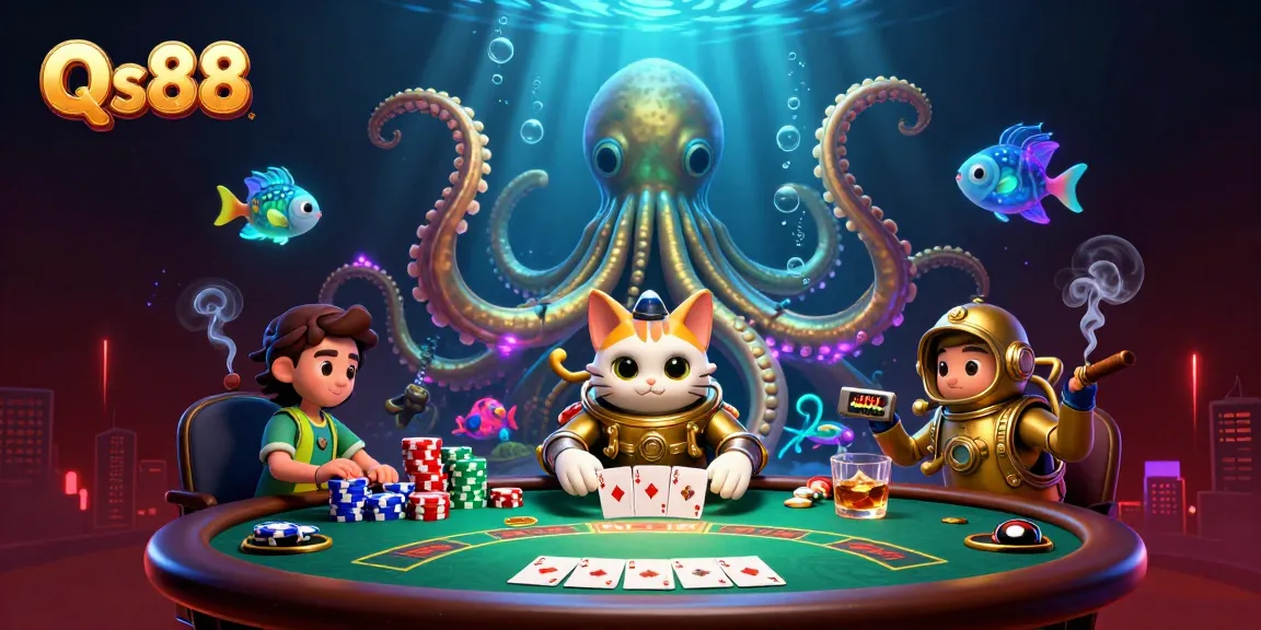 Play thrilling poker at Qs88 with a fun 3D kraken and diving cat scene.