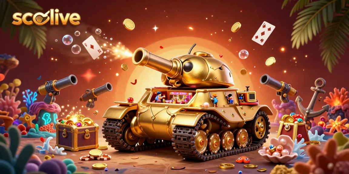 Socolive offers an exciting online casino experience featuring a colorful miniature casino in a golden beetle tank while sparkling coins and vibrant gameplay elements surround it.