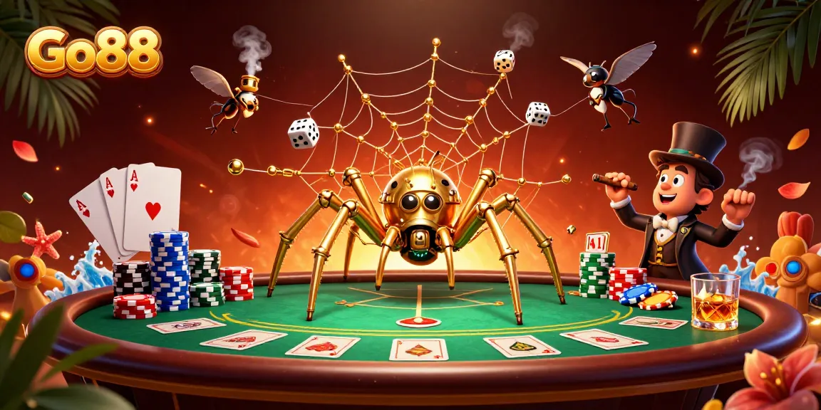 Play exciting games at Go88, as a steampunk spider catches dice in a vibrant casino.