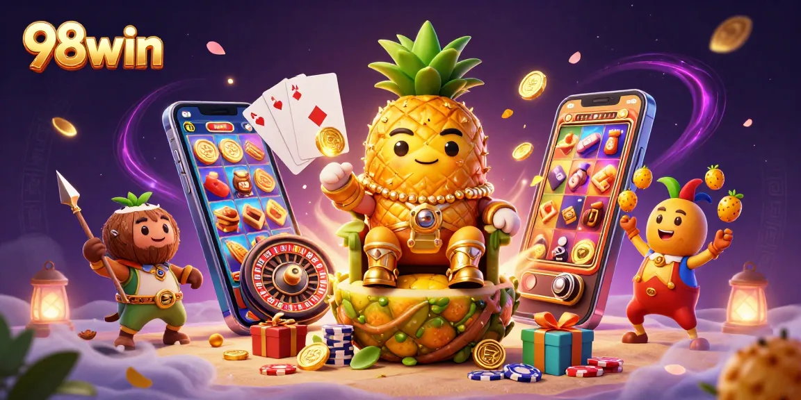 Engage with 98win in a vibrant casino illustration featuring a golden pineapple king and exciting game elements.