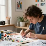 Creating custom pins with colorful designs in a vibrant studio atmosphere.