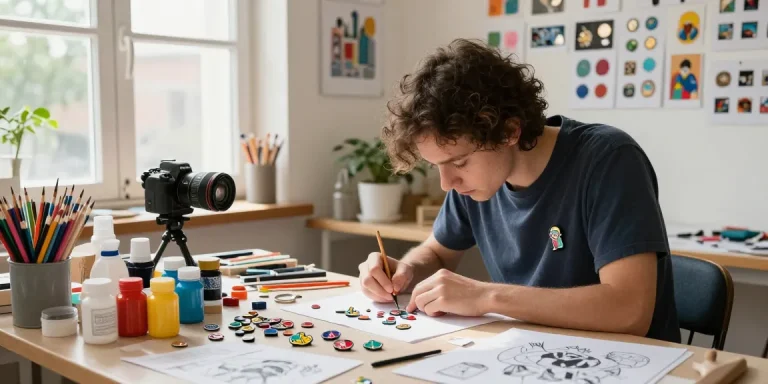 Creating custom pins with colorful designs in a vibrant studio atmosphere.
